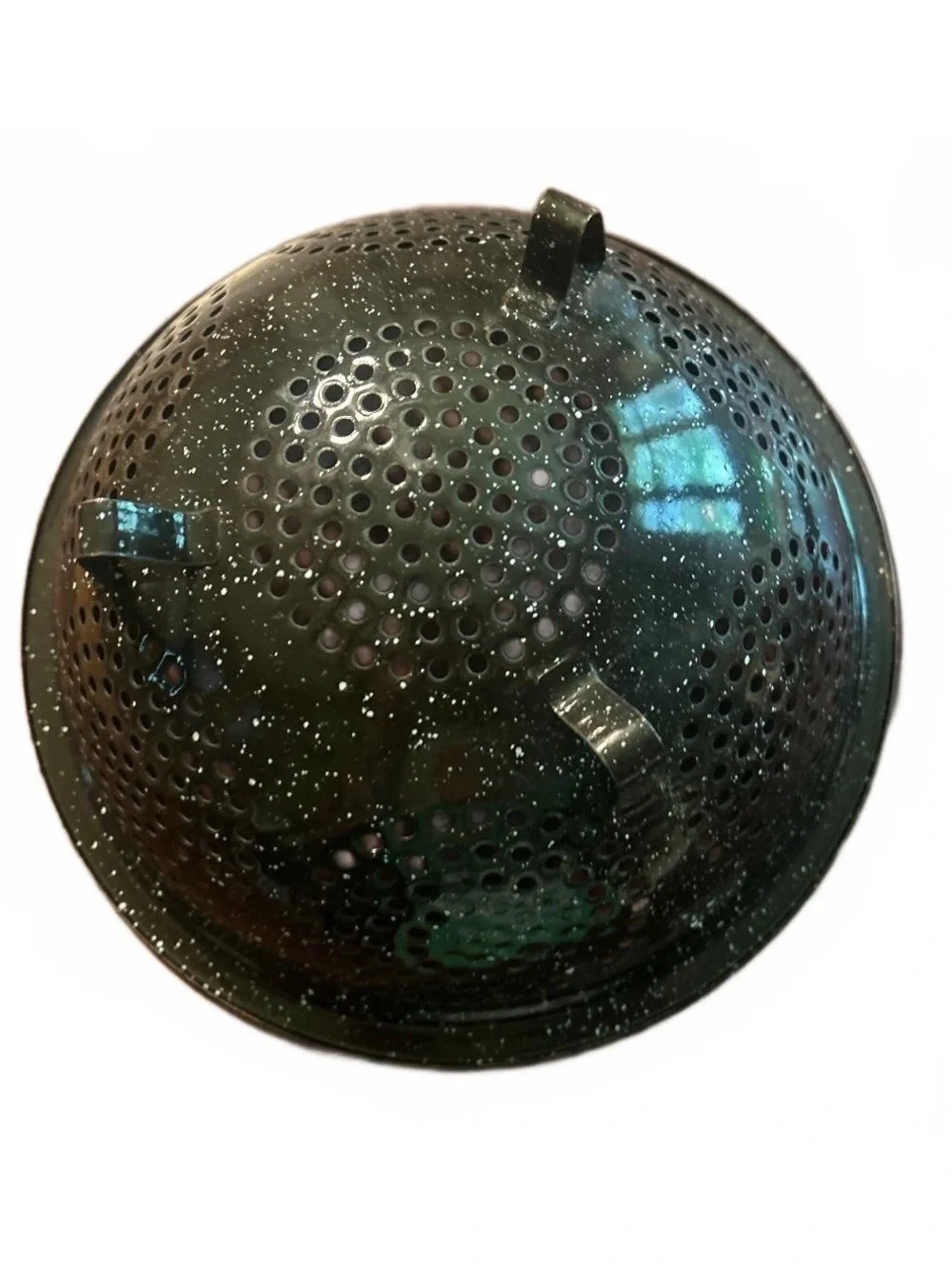 Vintage Black Speckled Metal Colander with Handles